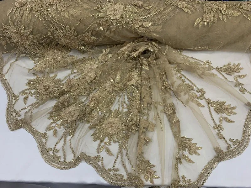 French Gold Modern 3D Flowers Beaded Mesh Lace Fabric By the Yard
