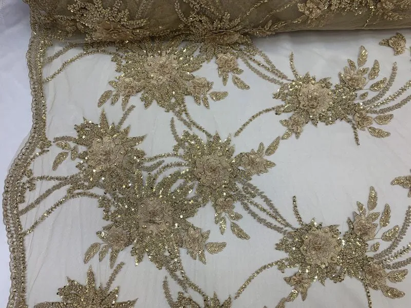 French Gold Modern 3D Flowers Beaded Mesh Lace Fabric By the Yard