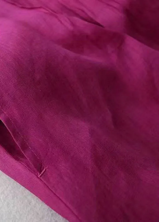 French Rose V Neck Wrinkled Pockets Patchwork Linen Dresses Summer LY7183
