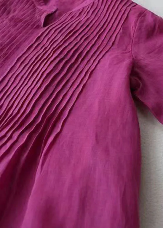 French Rose V Neck Wrinkled Pockets Patchwork Linen Dresses Summer LY7183