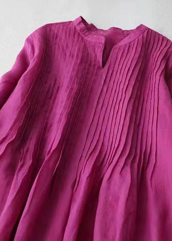 French Rose V Neck Wrinkled Pockets Patchwork Linen Dresses Summer LY7183