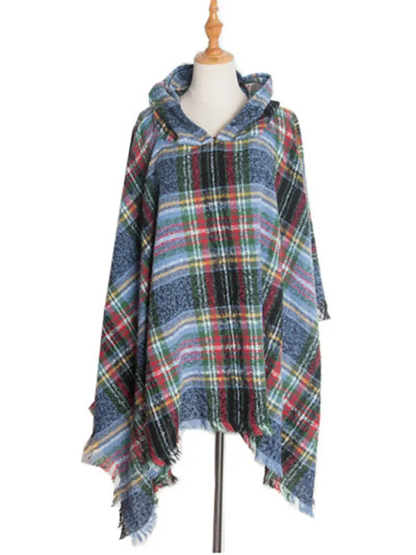 Fringed Hooded Keep Warm Plaid Cape Shawl&Cloak