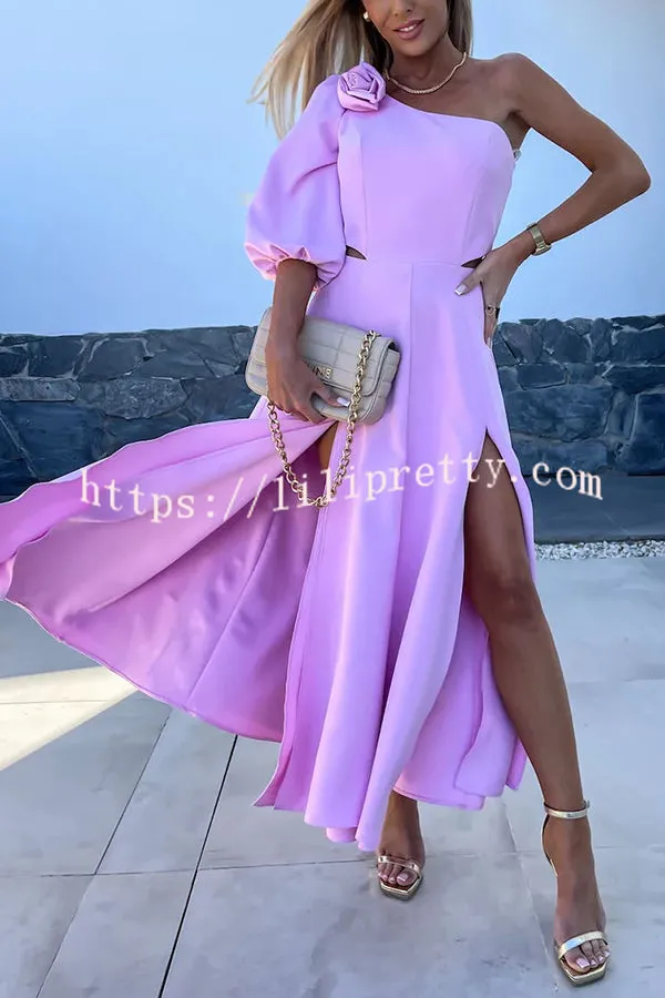 Full of Charm Rose Embellished One Shoulder Cutout Slit Midi Dress