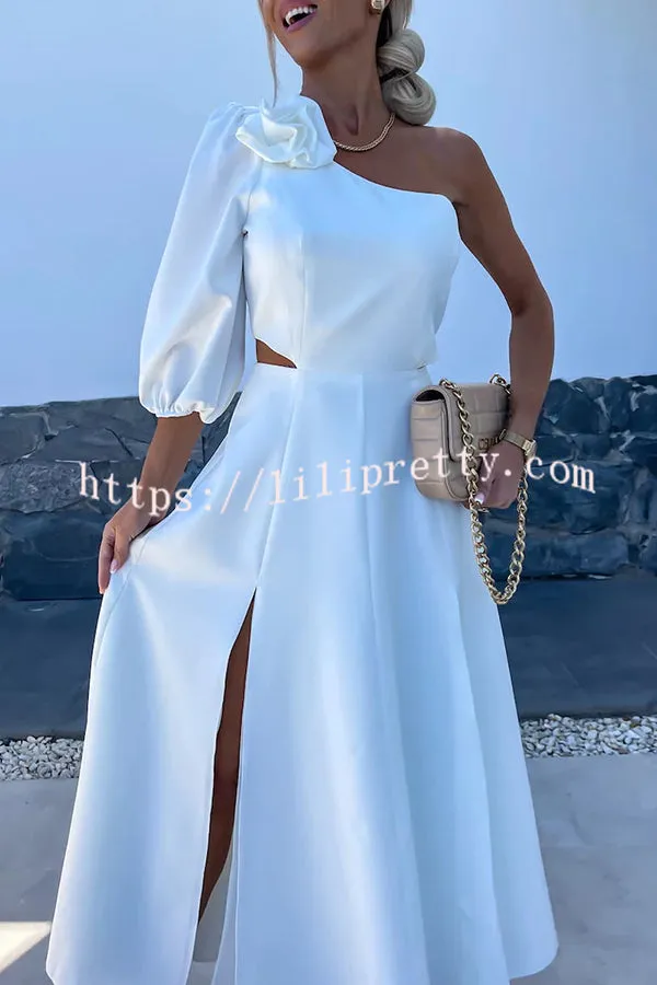 Full of Charm Rose Embellished One Shoulder Cutout Slit Midi Dress