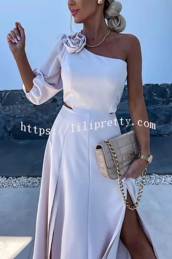 Full of Charm Rose Embellished One Shoulder Cutout Slit Midi Dress