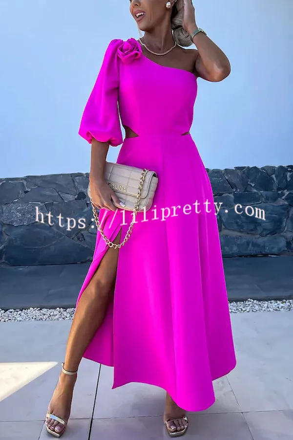 Full of Charm Rose Embellished One Shoulder Cutout Slit Midi Dress