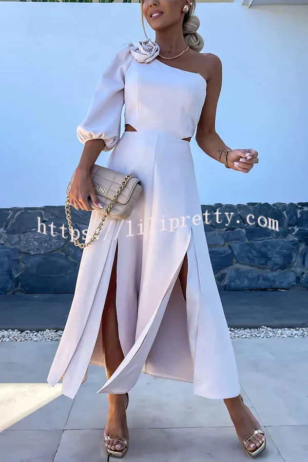 Full of Charm Rose Embellished One Shoulder Cutout Slit Midi Dress