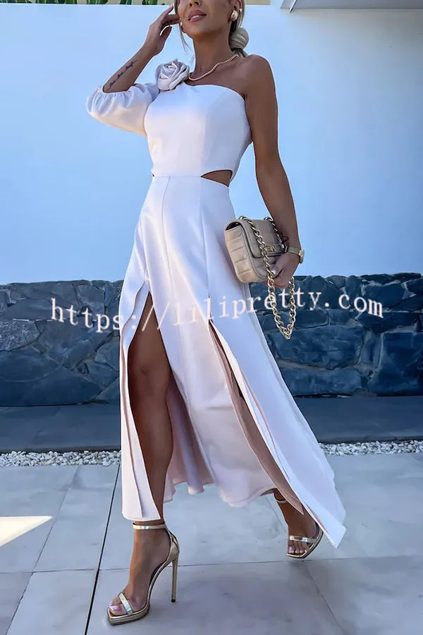 Full of Charm Rose Embellished One Shoulder Cutout Slit Midi Dress