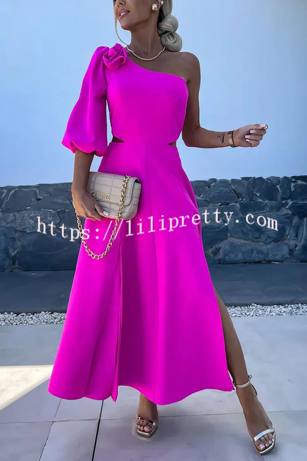 Full of Charm Rose Embellished One Shoulder Cutout Slit Midi Dress