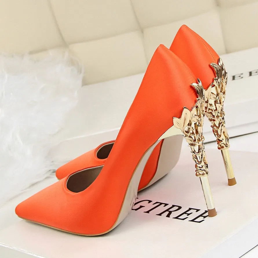 Funki Buys | Shoes | Women's Silk Stilettos | Metal Carved Heels