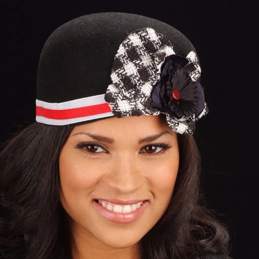 FW1133- Black felt with flower and res/white trim
