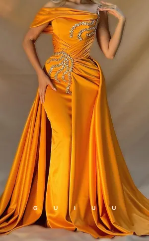G3329 - Ornate Column Sweep &Asymmetrical Train Satin Strapless Beaded Ruched Evening Party Dress