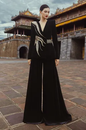 Gentian Fit and Flare Lapelless Velvet Floor Length Set