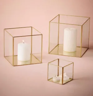 Geometric 4” Cube Glass candleholder Lantern Terrarium Vase (Gold)