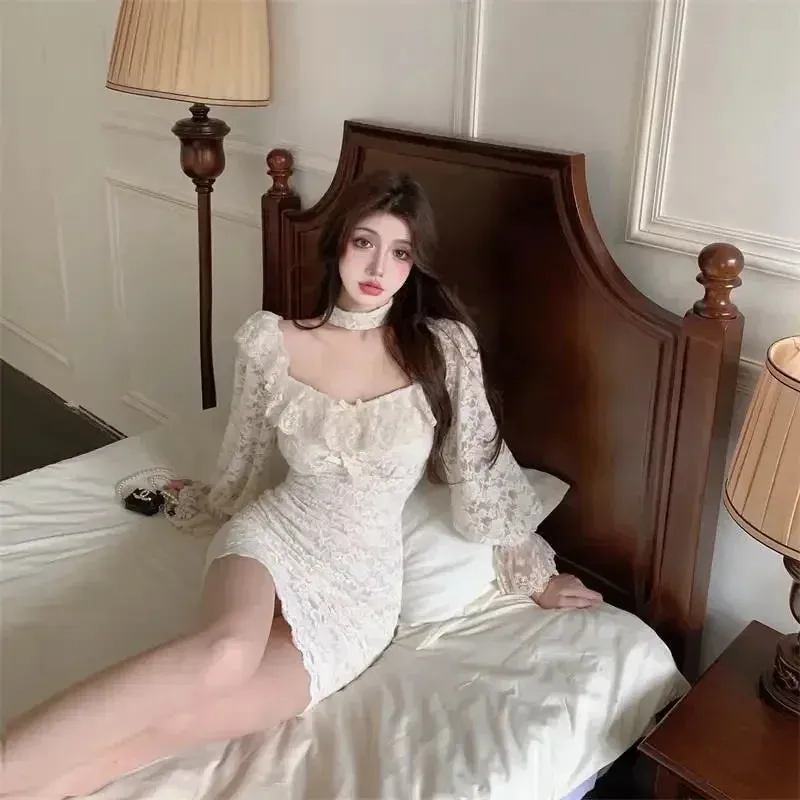 Girlary Coquette Sexy Mini Cabaret Dress Women Korean Style Fairy Ruffle Slash Neck Long Sleeve Corset Dresses Evening Vestidos