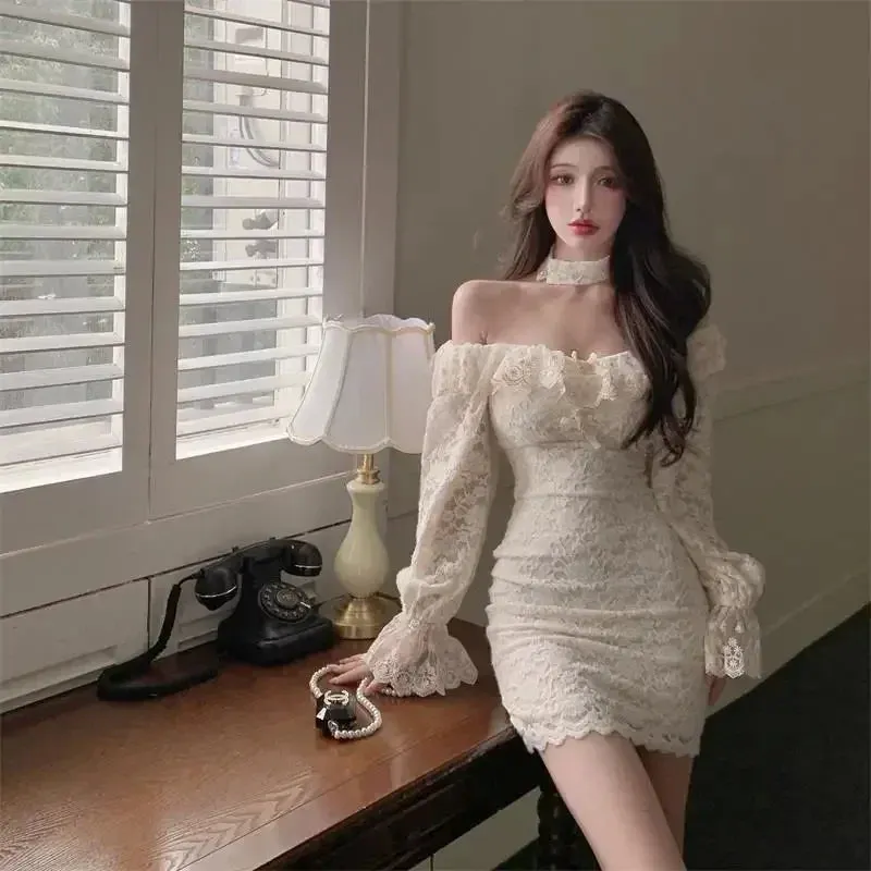 Girlary Coquette Sexy Mini Cabaret Dress Women Korean Style Fairy Ruffle Slash Neck Long Sleeve Corset Dresses Evening Vestidos