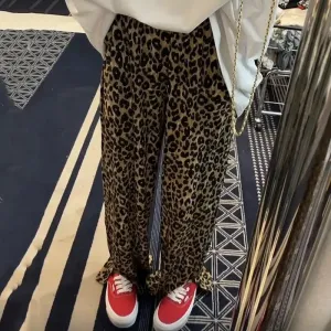 Girlary Leopard Print Slit High Waist Wide Leg Pants Fashion Street Loose Casual Pants Retro All-match Trousers Streetwear Women