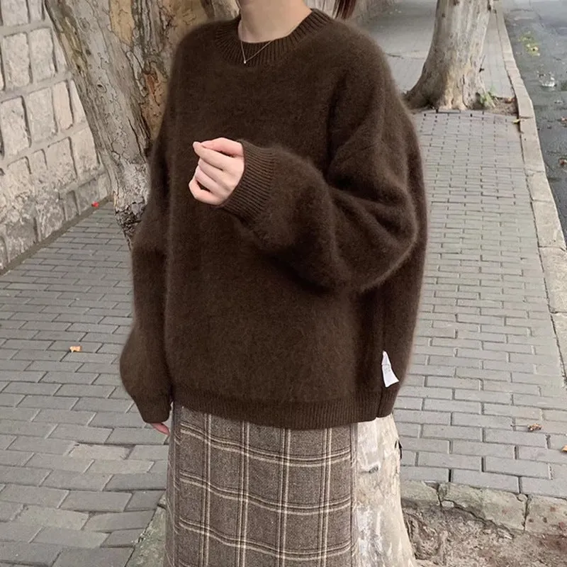 Girlary-shop 2000s fashion Women's Faux Mink Velvet Sweater Autumn and Winter Loose Soft Glutinous Lazy Wind Outerwear Mohair Sweater round Neck Top Thickened