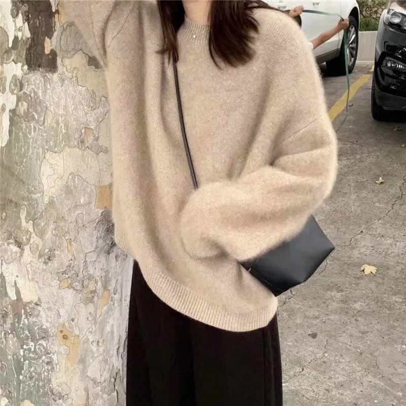 Girlary-shop 2000s fashion Women's Faux Mink Velvet Sweater Autumn and Winter Loose Soft Glutinous Lazy Wind Outerwear Mohair Sweater round Neck Top Thickened