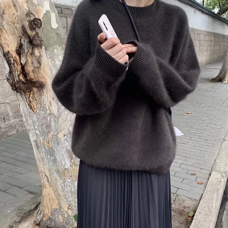 Girlary-shop 2000s fashion Women's Faux Mink Velvet Sweater Autumn and Winter Loose Soft Glutinous Lazy Wind Outerwear Mohair Sweater round Neck Top Thickened