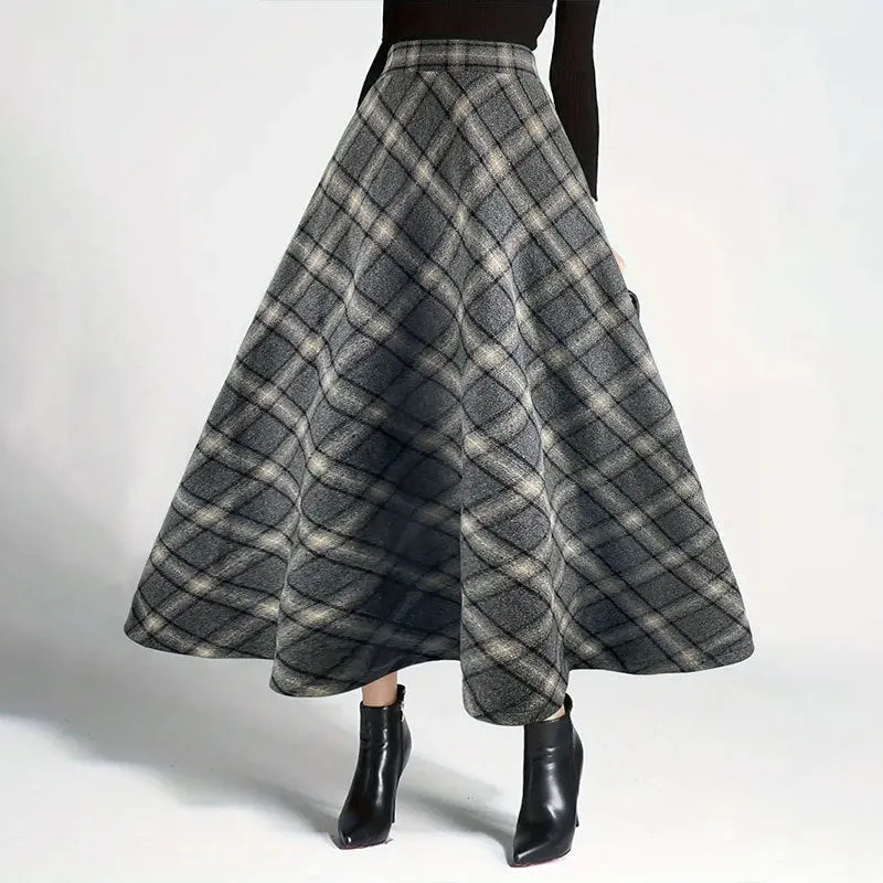 Girlary-shop outfit inspo fall Women's Autumn and Winter Plaid Woolen Skirt Thickened Retro plus Size A- line Skirt High Waist Long Dance Skirt Women's Skirt