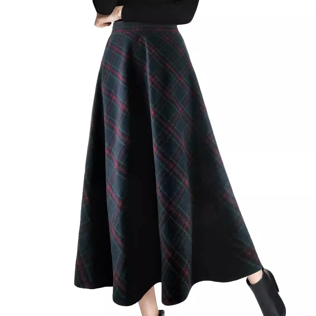 Girlary-shop outfit inspo fall Women's Autumn and Winter Plaid Woolen Skirt Thickened Retro plus Size A- line Skirt High Waist Long Dance Skirt Women's Skirt