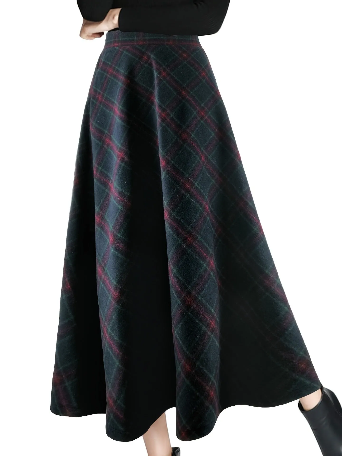 Girlary-shop outfit inspo fall Women's Autumn and Winter Plaid Woolen Skirt Thickened Retro plus Size A- line Skirt High Waist Long Dance Skirt Women's Skirt