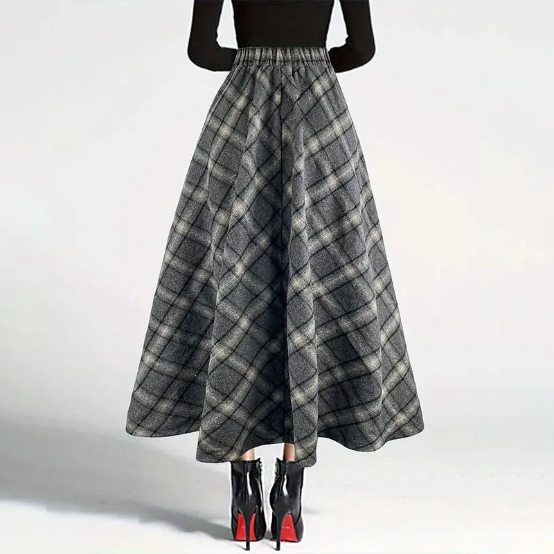 Girlary-shop outfit inspo fall Women's Autumn and Winter Plaid Woolen Skirt Thickened Retro plus Size A- line Skirt High Waist Long Dance Skirt Women's Skirt