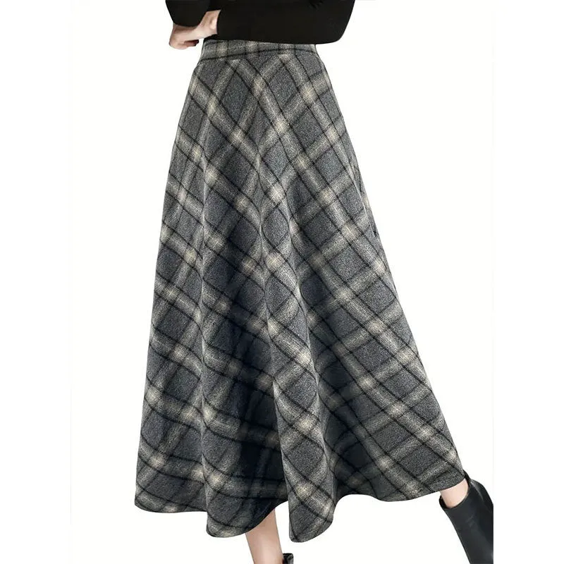 Girlary-shop outfit inspo fall Women's Autumn and Winter Plaid Woolen Skirt Thickened Retro plus Size A- line Skirt High Waist Long Dance Skirt Women's Skirt