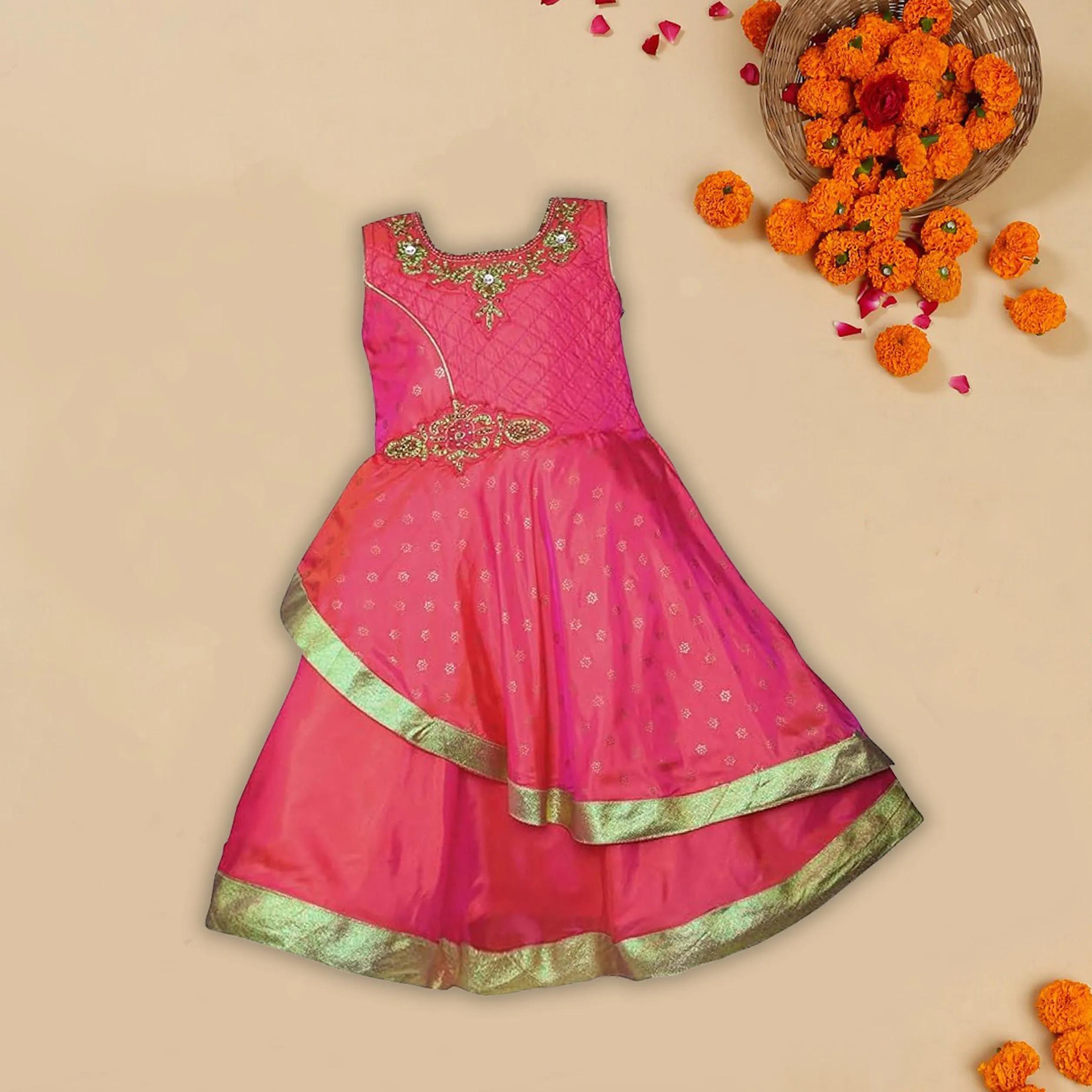 Girls Embroidered Layered Ethnic Dress