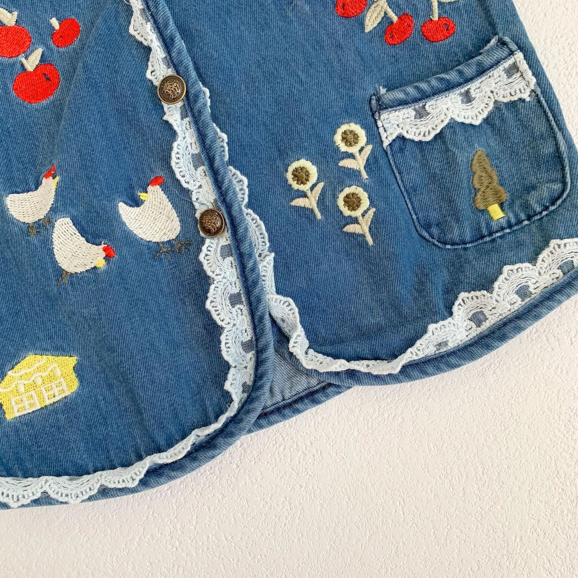 Girls Embroidered Retro Denim All-Match Tops Vest