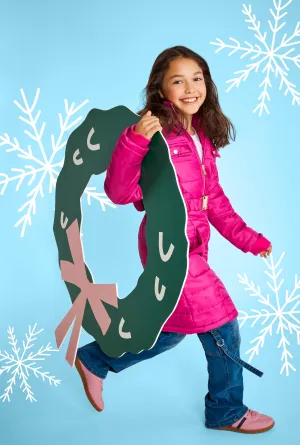 Girls Faux Fur Trim Zip Front Long Puffer Jacket