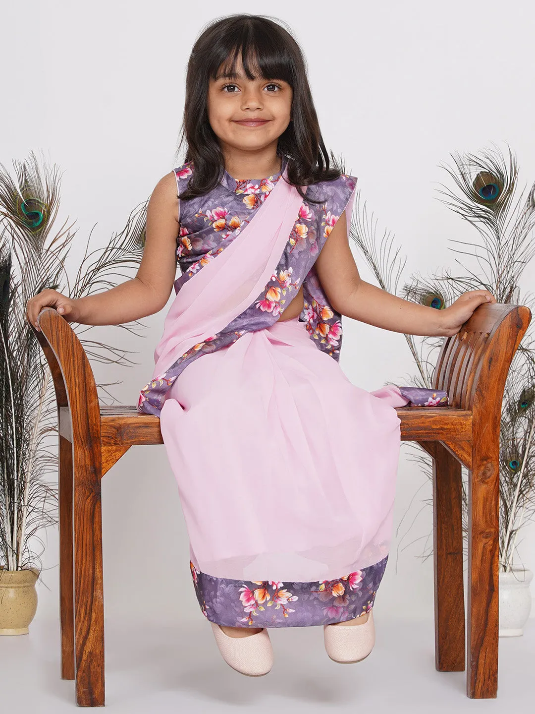Girl's Floral Print Ready To Wear Saree And Blouse - Lavender - Little Bansi Girls