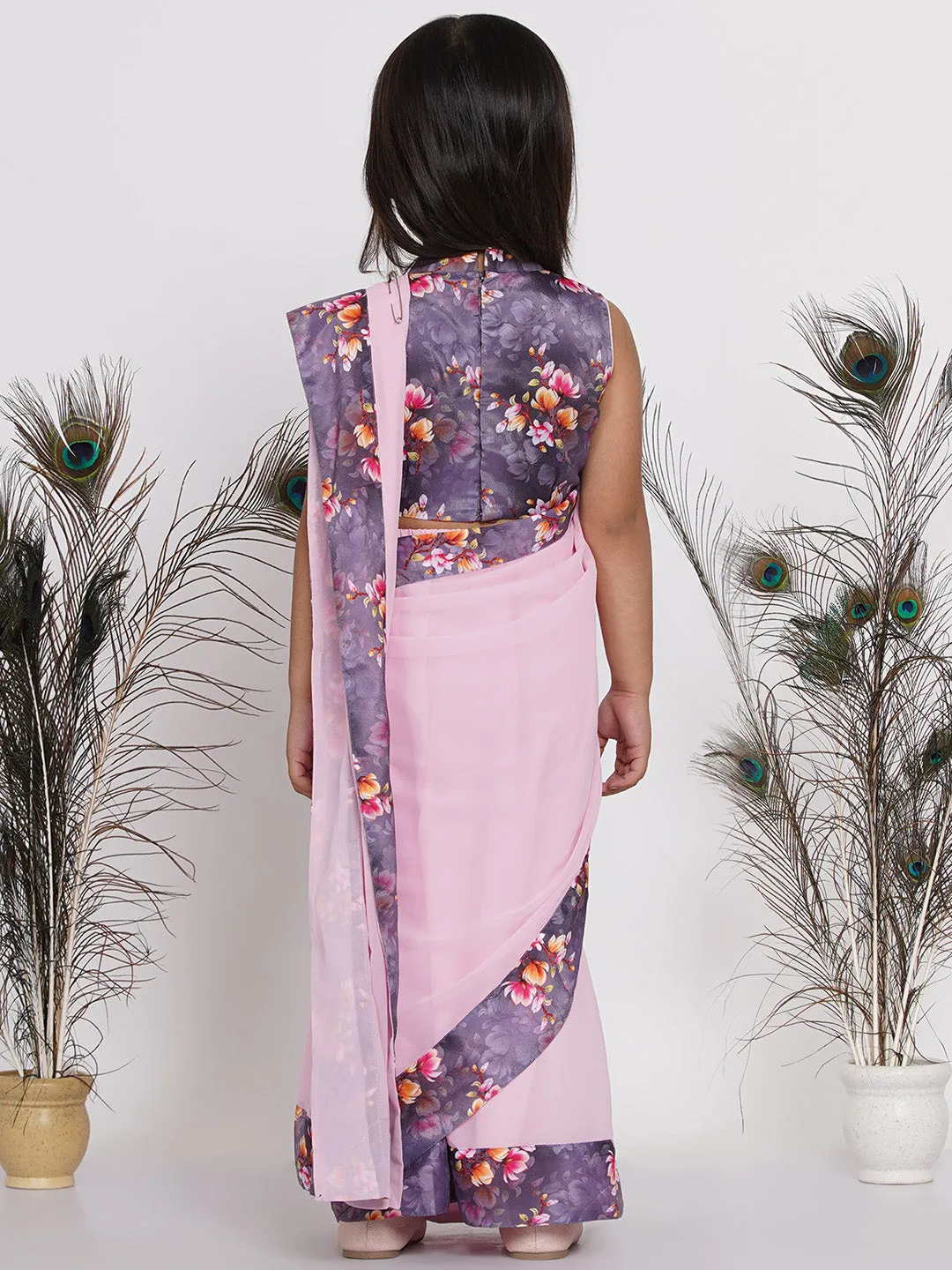 Girl's Floral Print Ready To Wear Saree And Blouse - Lavender - Little Bansi Girls