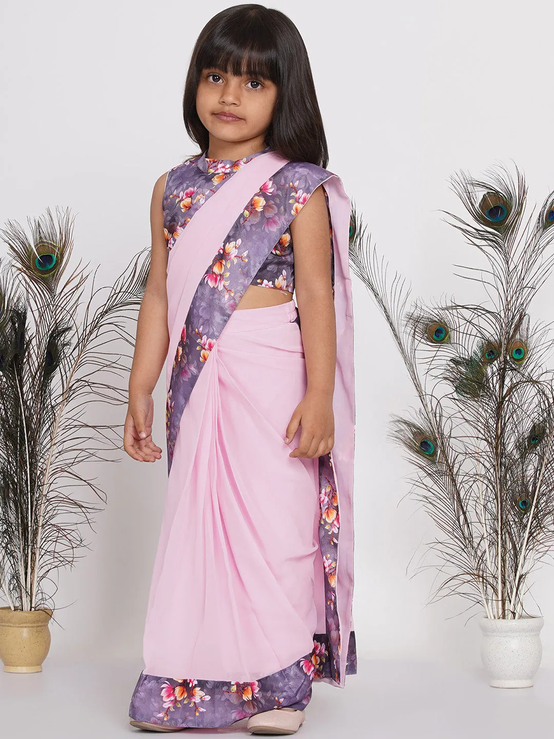 Girl's Floral Print Ready To Wear Saree And Blouse - Lavender - Little Bansi Girls