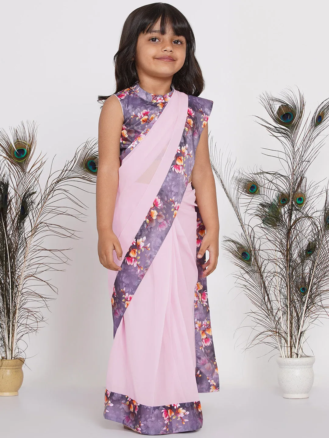 Girl's Floral Print Ready To Wear Saree And Blouse - Lavender - Little Bansi Girls