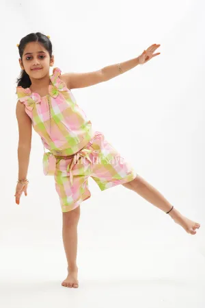 Girls' Green and Pink Madras Checked Crop Top and Shorts Set