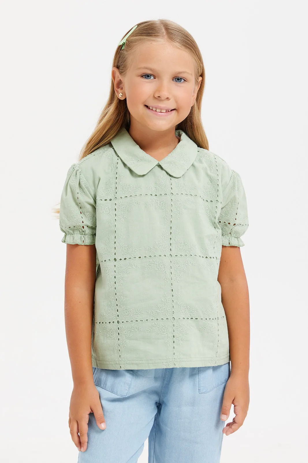 Girls Green Embossed Blouse