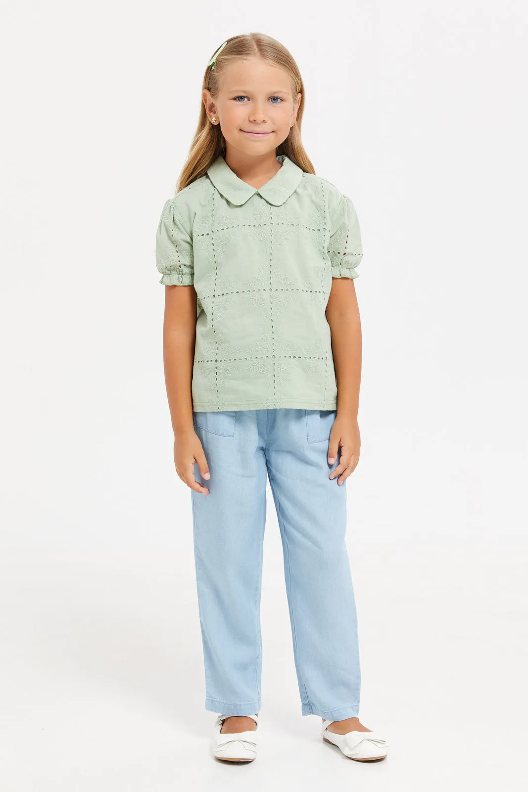 Girls Green Embossed Blouse