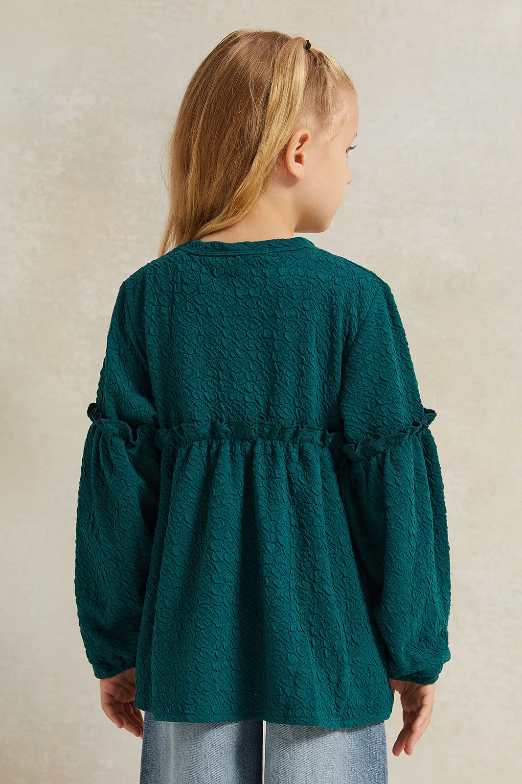Girls Green Jacquard Blouse With Frill Details