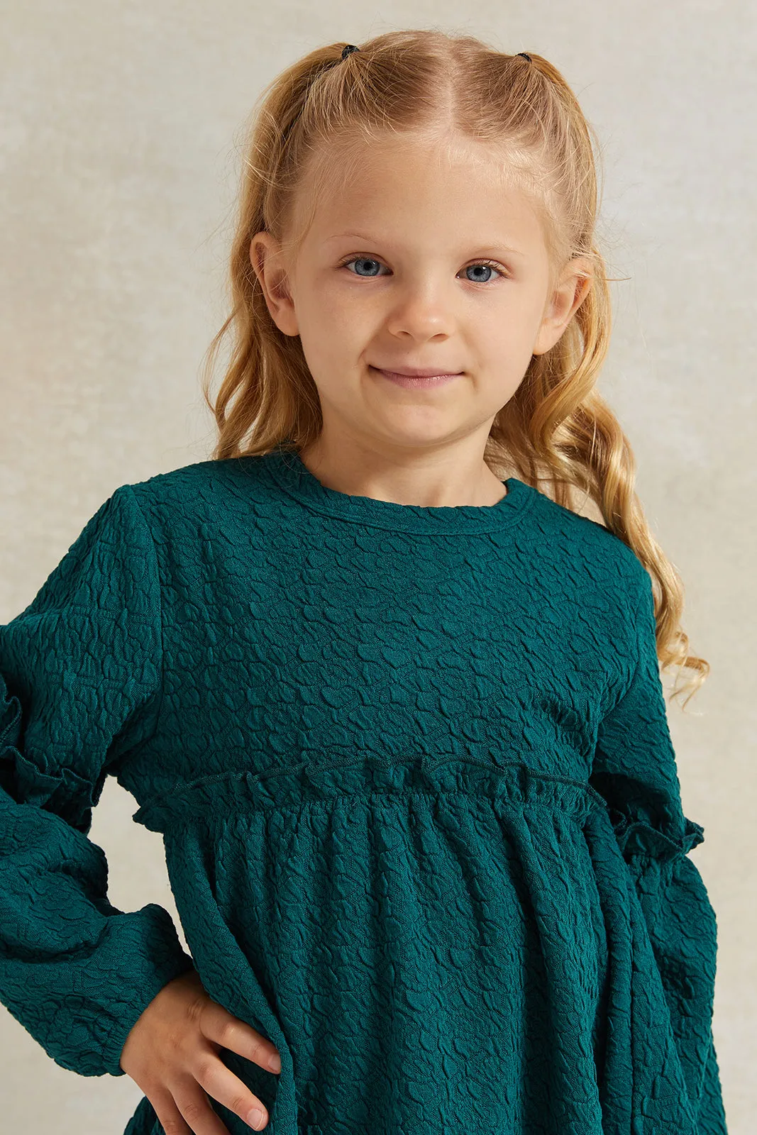 Girls Green Jacquard Blouse With Frill Details