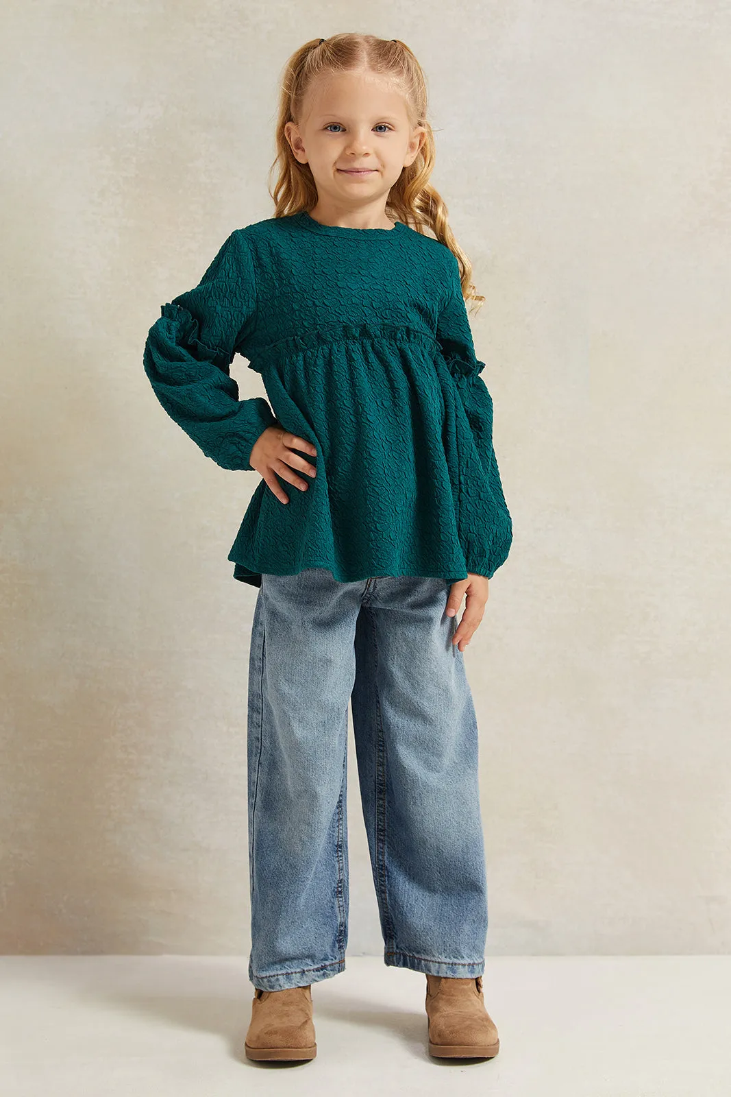 Girls Green Jacquard Blouse With Frill Details