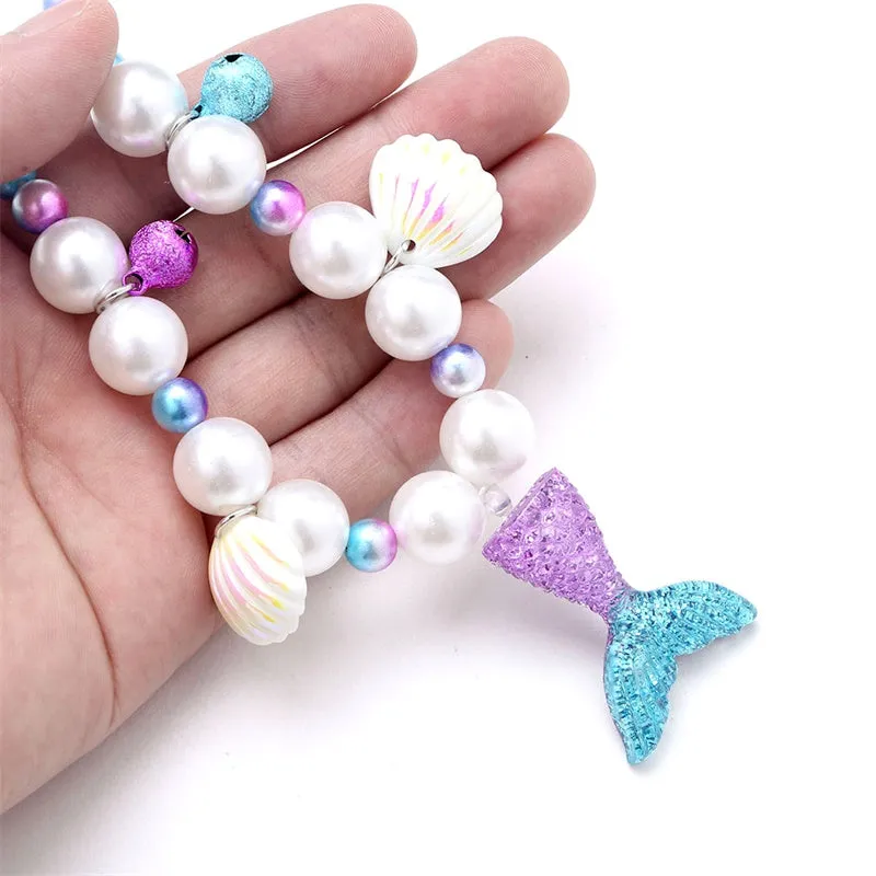 Girls Lovely Mermaid Tail Pearl Necklace Jewelry Set