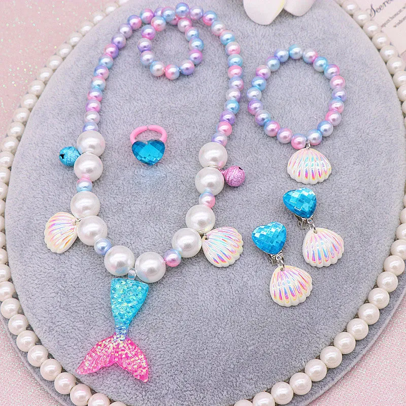 Girls Lovely Mermaid Tail Pearl Necklace Jewelry Set