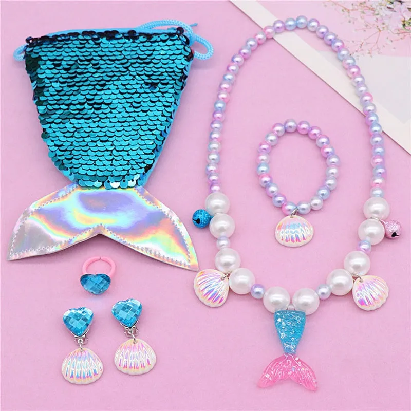 Girls Lovely Mermaid Tail Pearl Necklace Jewelry Set