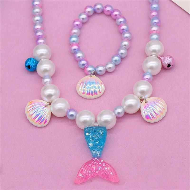 Girls Lovely Mermaid Tail Pearl Necklace Jewelry Set