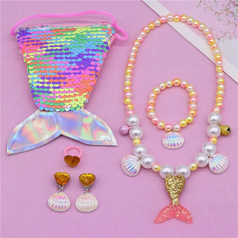 Girls Lovely Mermaid Tail Pearl Necklace Jewelry Set