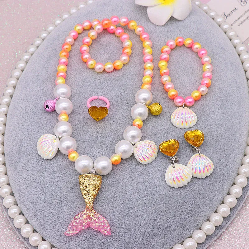 Girls Lovely Mermaid Tail Pearl Necklace Jewelry Set