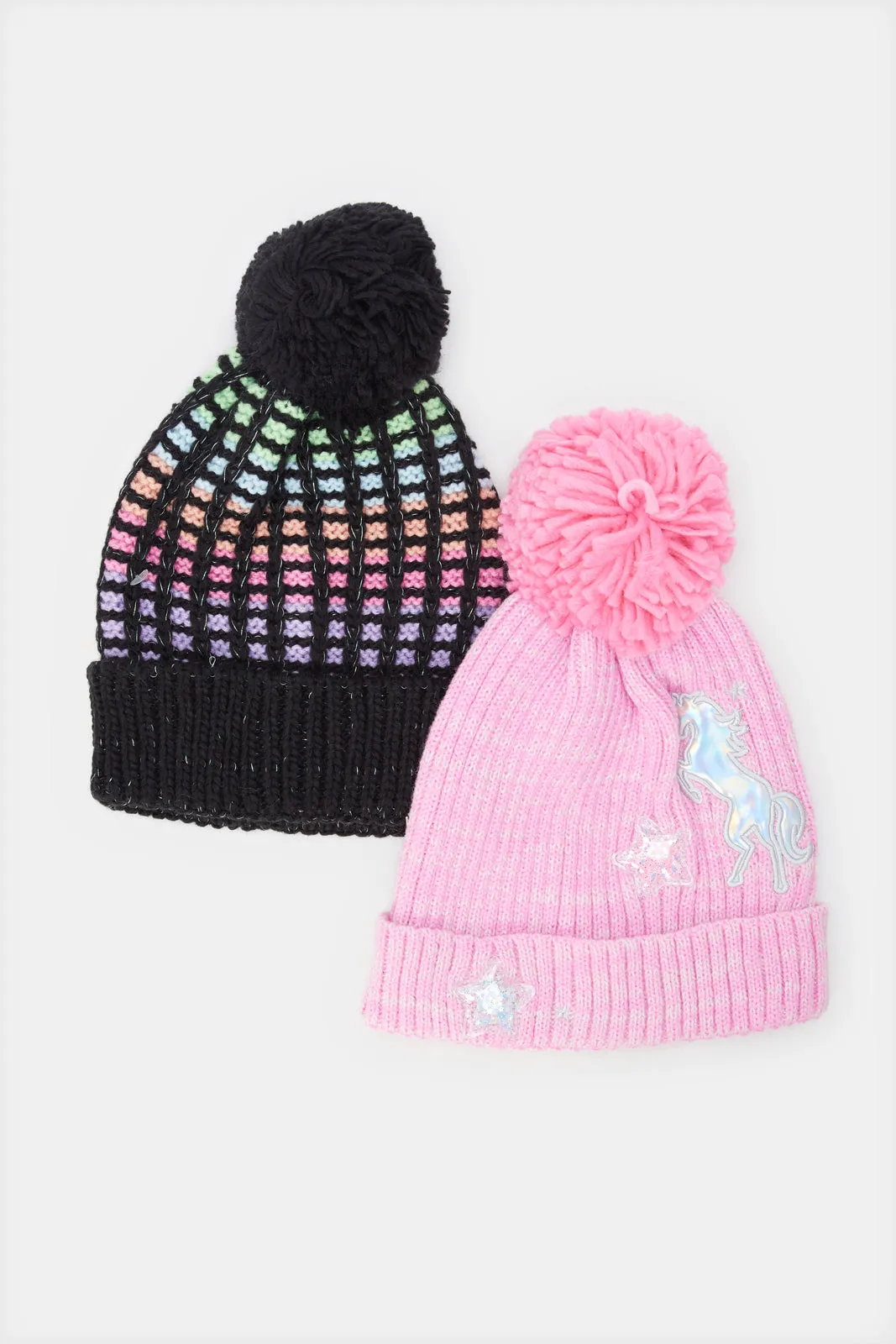 Girls Pink And Black Embellished Knitted Cap Set (2 Piece)
