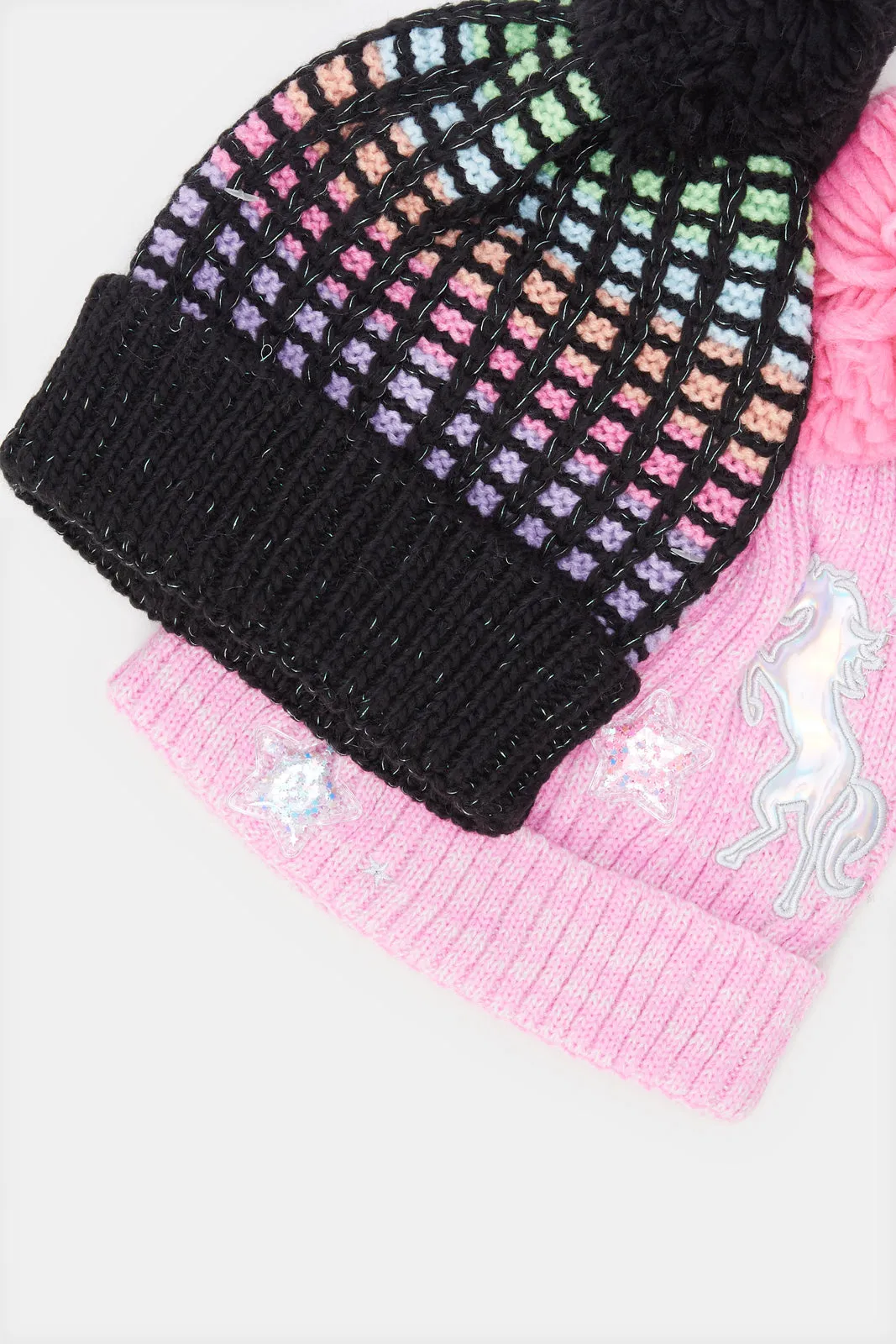Girls Pink And Black Embellished Knitted Cap Set (2 Piece)
